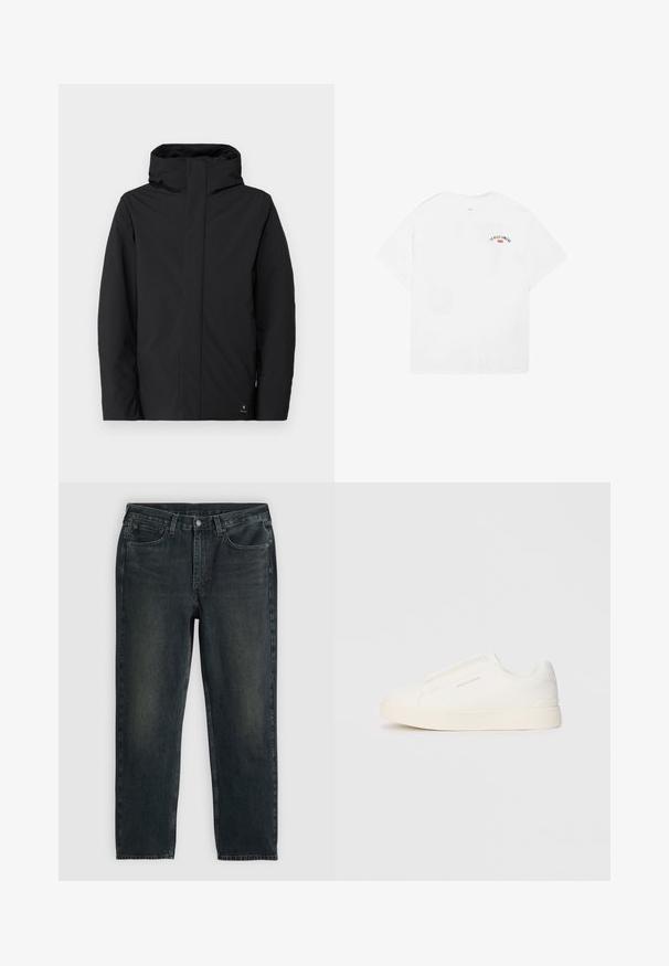 Zwarte waterdichte jas met een hoge kraag en capuchon, voorzien van een minimalistisch ontwerp, lange mouwen en een logo-label aan de onderzijde.; Witte katoenen t-shirt met korte mouwen, ronde halslijn en een kleine grafische opdruk met de tekst "LA VILLE LUMIÈRE" in zwart en rood op de bovenrug.; Donkerblauwe denim jeans met een recht model, voorzien van vijf zakken, een ritssluiting en contrasterende stiksels. Subtiele vervaging op de stof.; Witte instap sneakers met een gestructureerd oppervlak, een dikke zool en een minimalistisch ontwerp. Bevat het merklogo aan de zijkant.