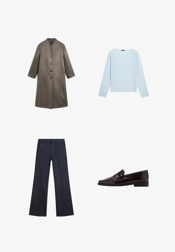 Lang, bruin wollen jas met een hoge hals, rechte snit en vier zwarte knopen aan de voorkant. Glad textuur, geen zichtbare patronen of accenten.; Lichtblauwe langemouwentrui met een brede bateauhals en een rechte zoom, weergegeven op een witte achtergrond.; Donkerblauwe denim wijde broek met voorzakken, een soepele textuur en een platte tailleband. Kenmerkt zich door op maat gemaakte plooiingen op de benen.; Bruine leren instapper met een moccasin-stijl voorkant, verhoogde stiksels langs de voet en een lage zwarte rubberen zool. Glad, gepolijst oppervlak.