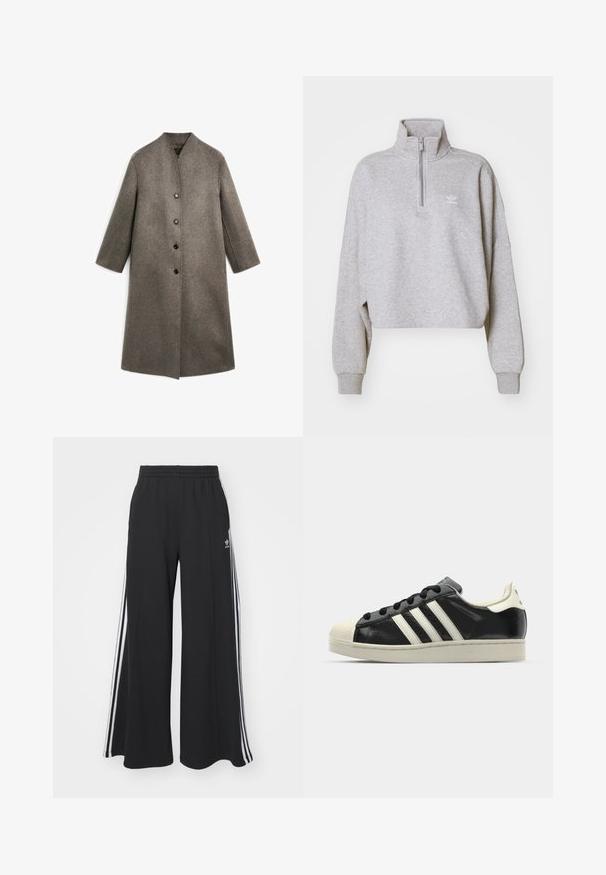 Dlouhý hnědý vlněný kabát s vysokým límcem, rovného střihu a čtyřmi černými knoflíky vpředu. Hladká textura, bez viditelných vzorů nebo akcentů.; Šedá zkrácená mikina s vysokým límcem, polovičním zipem a volnými rukávy. Má malé bílé logo na hrudi. Vyrobena z měkké textilie.; Černé pohodlné tepláky širokého střihu s elastickým pasem, na boční straně s bílými pruhy a vyšitým logem na levé stehně.; Černé kožené sneakers s bílými pruhy, gumovou špičkou, černými tkaničkami a krémovou podešví. Hladký povrch s lesklým finišem.