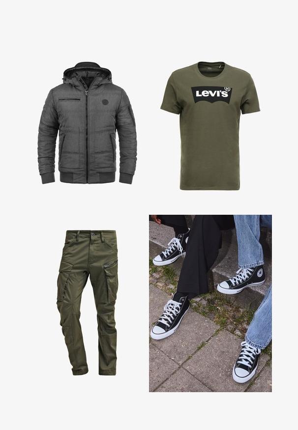 Grijze gevoerde jas met capuchon. Voorzien van ritszakken aan de voorkant, geribbelde manchetten en een textuurrijke stofafwerking. Heeft een logodetail op de borst.; Olijfgroen katoenen T-shirt met een groot zwart Levi's-logo op de voorkant. Klassieke ronde hals en korte mouwen, gladde textuur.; Olijfgroene cargobroek gemaakt van stevig katoen. Beschikt over meerdere zakken, een met rits afgesloten zijzak en taps toelopende pijpen met een licht getextureerde afwerking.; Zwarte canvas sneakers met hoge schacht, witte rubberen zolen en veters, met een cirkelvormig logo aan de zijkant, gecombineerd met denim en zwarte broeken.