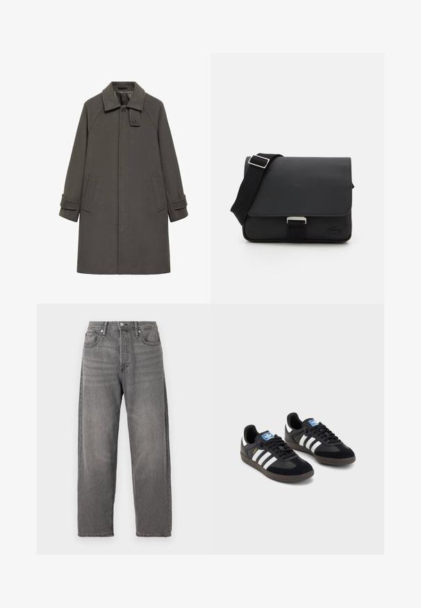 Cappotto di lana grigia con colletto alto, maniche raglan, tasche laterali e dettaglio dei bottoni sul colletto. Texture liscia e design di lunghezza media.; T-shirt a maniche lunghe nera in cotone, con scollatura rotonda e un piccolo logo di coccodrillo ricamato in verde sul lato sinistro del petto.; Jeans in denim grigio con una vestibilità ampia, gamba dritta, design a cinque tasche e chiusura con bottone in metallo. Presentano una texture sbiadita e cuciture sottili.; Sneakers neri con tomaia in suede e materiale sintetico, caratterizzati da tre strisce bianche, suola in gomma testurizzata e etichetta blu sul linguetta.; Borsa a tracolla nera realizzata in materiale testurizzato con chiusura a pattina, tracolla regolabile e accessori in metallo. Presenta un dettaglio del logo sul davanti.