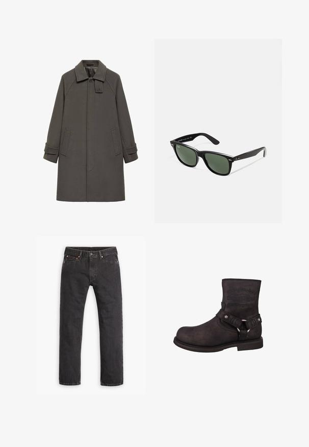 Grijze wollen jas met hoge kraag, raglanmouwen, zakken aan de zijkanten en knoopdetail op de kraag. Soepele textuur en ontwerp tot halverwege de taille.; Lange mouwen, geribbelde top in donkergroen, met een ronde halslijn en rechte zoom. Gemaakt van zachte stof, met minimale naden en geen zichtbare patronen.; Zwarte denim jeans met rechte pijpen, vijf zakken, knoopsluiting en koperen klinknagels, plat gelegd op een witte achtergrond.; Zwarte leren motorlaars met een ronde neus, enkelhoogte en zichtbare branding. Voorzien van een riem met een metalen ring en accenten van zilverkleurig hardware.; Zwarte plastic zonnebril met groene lenzen, vierkante montuur, zilveren accent op de wenkbrauw en een gestructureerde tempel. Merken vermeld op de binnenkant van de arm.