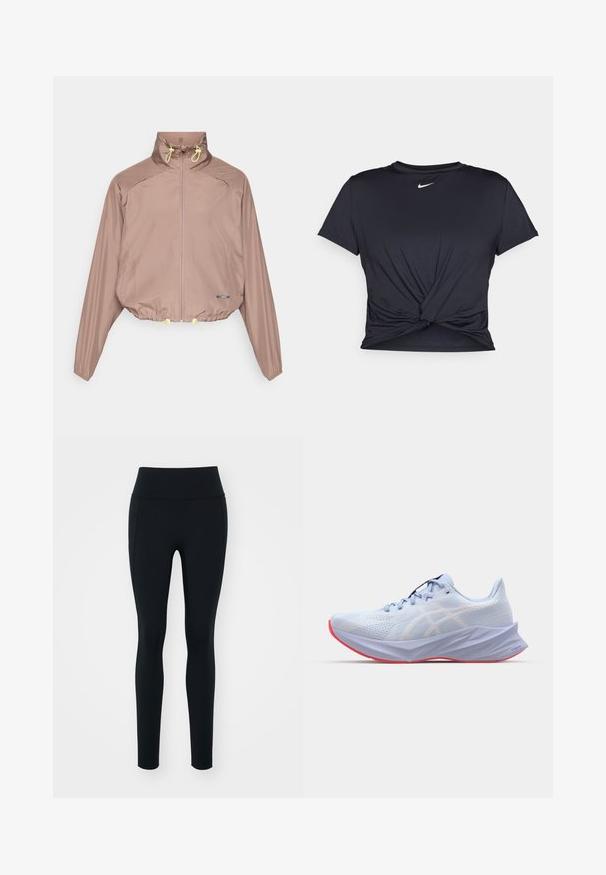Giacca cropped marrone chiaro con colletto alto, chiusura con zip, cordini gialli e polsini elastici. Tessuto liscio e texture con tasche laterali.; Maglietta atletica nera realizzata in tessuto liscio, con un design anteriore annodato e un piccolo logo Nike bianco sul petto.; Leggings neri realizzati in materiale elastico con una vita alta. Texture liscia, design aderente e senza decorazioni o motivi visibili.; Scarpa sportiva di colore blu chiaro con tomaia in mesh testurizzato, accenti bianchi del logo, suola imbottita e suola rosa. Presenta un design elegante ed ergonomico.