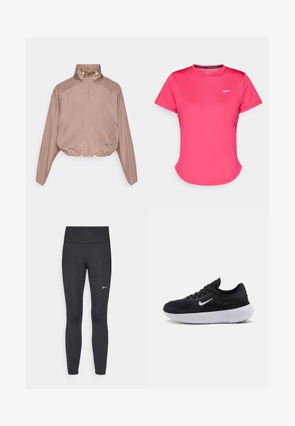 Veste courte marron clair avec un col haut, fermeture éclair, cordons jaunes et poignets élastiques. Tissu lisse et texturé avec poches latérales.; T-shirt de sport rose à manches courtes en tissu lisse et léger. Présente un petit logo Nike blanc sur la poitrine et un ourlet légèrement arrondi.; Leggings noirs en tissu extensible, dotés d'une taille haute et d'un logo Nike blanc sur la cuisse gauche. Texture lisse, design ajusté.; Chaussure de sport noire avec une tige en mesh, un design texturé, un bout rond, une semelle en caoutchouc blanche et un logo Nike sur le côté.