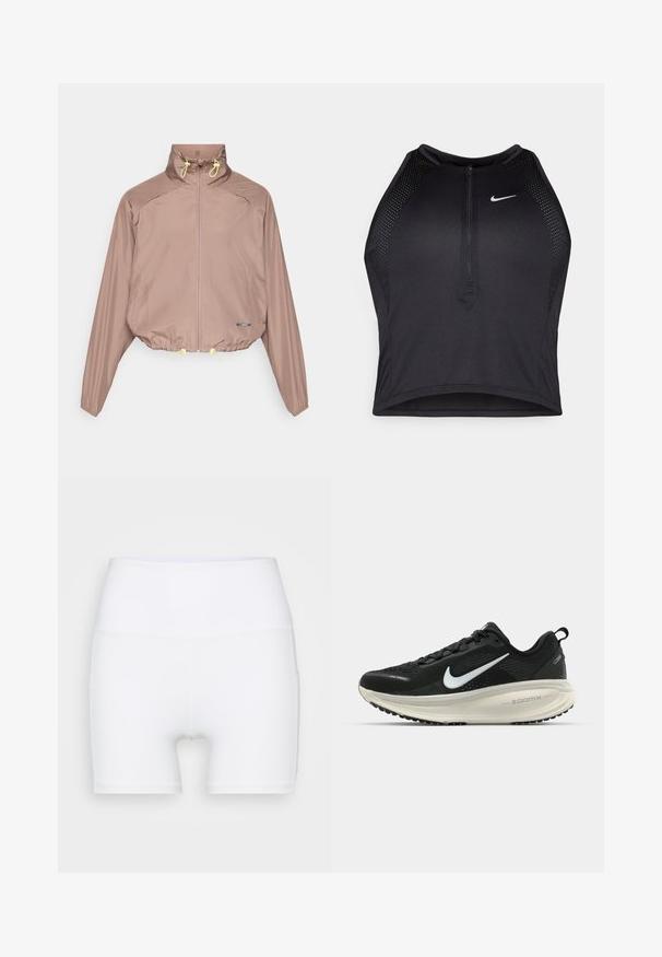 Hellbraune, taillierte Jacke mit hohem Kragen, Reißverschluss, gelben Kordeln und elastischen Bündchen. Glattes, strukturiertes Material mit seitlichen Taschen.; Schwarzes sportliches Crop-Top mit Reißverschluss vorne, Netz-Akzenten und figurnaher Passform. Hergestellt aus dehnbarem, atmungsaktivem Material. Nike-Logo auf der Vorderseite.; Weiße, hochtaillierte Shorts aus dehnbarem Stoff. Sie verfügen über eine glatte Textur und eine figurbetonte Passform, ohne zusätzliche Muster oder Hardware.; Schwarzer Nike-Laufschuh mit atmungsaktivem Mesh-Obermaterial, weißem Swoosh-Logo, strukturierten Details und einer cremefarbenen ZoomX-Zwischensohle.