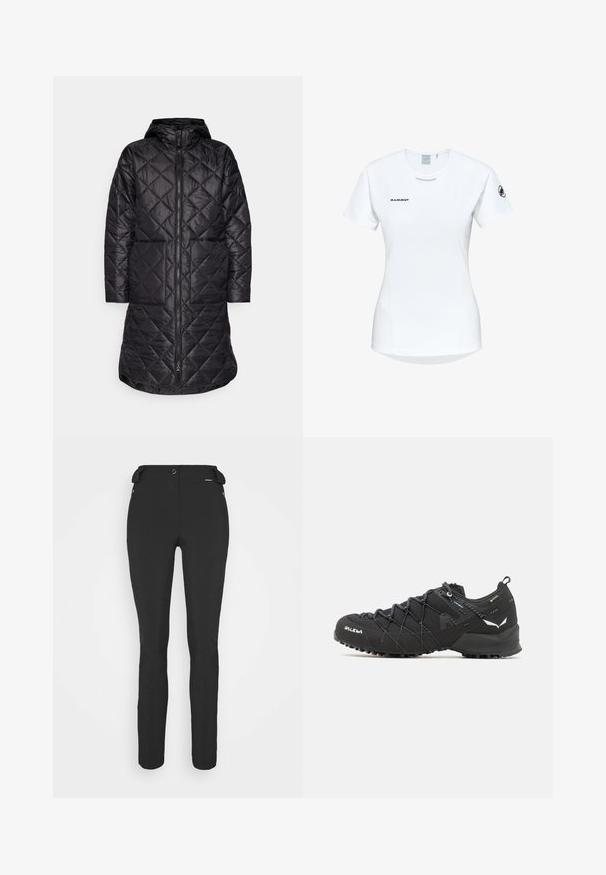 Schwarzer, gesteppter langarmiger Mantel mit Kapuze, der einen Frontreißverschluss und zwei seitliche Taschen aufweist. Hergestellt aus einem leichten, glänzenden Stoff mit einem strukturierten Muster.; Kurzärmliges weißes Sportshirt mit Rundhalsausschnitt, das ein Logo auf der Brust und eine glatte, leichte Stofftextur aufweist.; Schwarze, enganliegende Hosen aus einem flexiblen Material. Zu den Merkmalen gehören eine seitliche Reißverschlusstasche, vorgeformte Knie und eine glatte Textur.; Schwarze Wanderschuhe mit einem strukturierten Obermaterial aus Stoff, Schnürsystem und robuster Gummisohle. Akzentuiert mit reflektierenden Details und Logos.