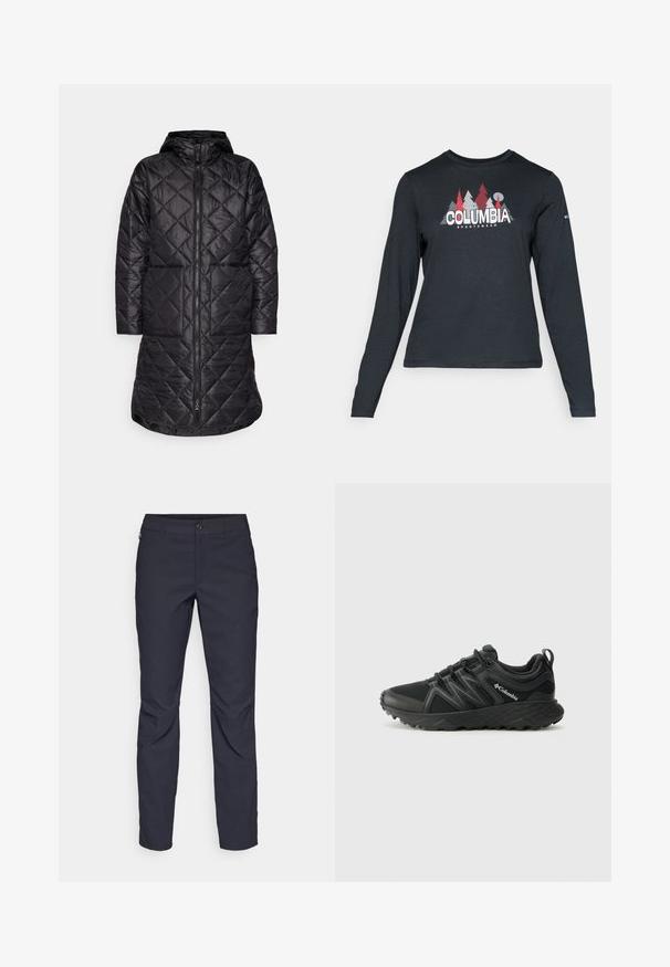 Zwarte geborduurde lange jas met een capuchon, voorzien van een zilveren rits aan de voorkant en twee zijzakken. Gemaakt van een lichtgewicht, glanzende stof met een gestructureerd patroon.; Langsluitend donkergrijs shirt met lange mouwen, versierd met een grafisch ontwerp van rode bomen en bergen; het "COLUMBIA"-logo in vet witte tekst. Zacht materiaal, standaard ronde hals.; Navyblauwe broek van gladde stof, met een sluiting aan de voorkant met een knoop, slim-fit ontwerp en geplooide details bij de knieën.; Columbia PEAKFREAK - Outdoorschoenen - black