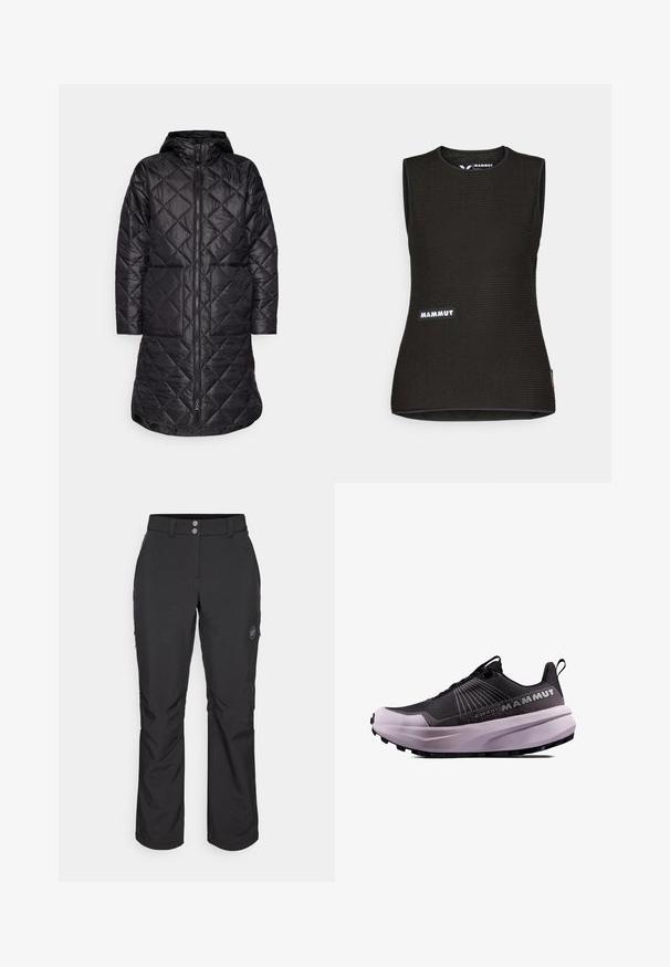 Cappotto lungo trapuntato nero con cappuccio, dotato di una zip frontale e due tasche laterali. Realizzato in un tessuto leggero e lucido con un motivo testurizzato.; Canottiera nera senza maniche con un motivo texturizzato, caratterizzata da un colletto rotondo e un logo "MAMMUT" sul davanti. Realizzata in materiale traspirante.; Pantaloni outdoor neri con taglio dritto, dotati di chiusura con bottone, tasche laterali con zip e una patch con logo sulla coscia sinistra.; Scarpa da trail running nera e viola con tomaia texturizzata, suola ammortizzata e logo prominente. Presenta un design con lacci e battistrada resistente.