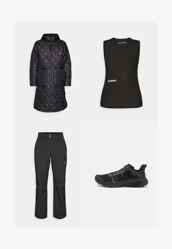 Černý prošívaný dlouhý kabát s kapucí, vybavený předním zipem a dvěma bočními kapsami. Vyroben z lehkého, lesklého materiálu s texturovaným vzorem.; Černé bezrukávové tričko s texturovaným vzorem, s kulatým výstřihem a logem "MAMMUT" na přední straně. Vyrobeno z prodyšného materiálu.; Černé venkovní kalhoty se střihy rovného kroje, s knoflíkovým zapínáním, zipovými bočními kapsami a logem na levém stehně.; Černá běžecká bota s texturovaným síťovaným svrškem, zesílenou špičkou a gumovou podešví. Má systém šněrování a logo umístěné na boku.