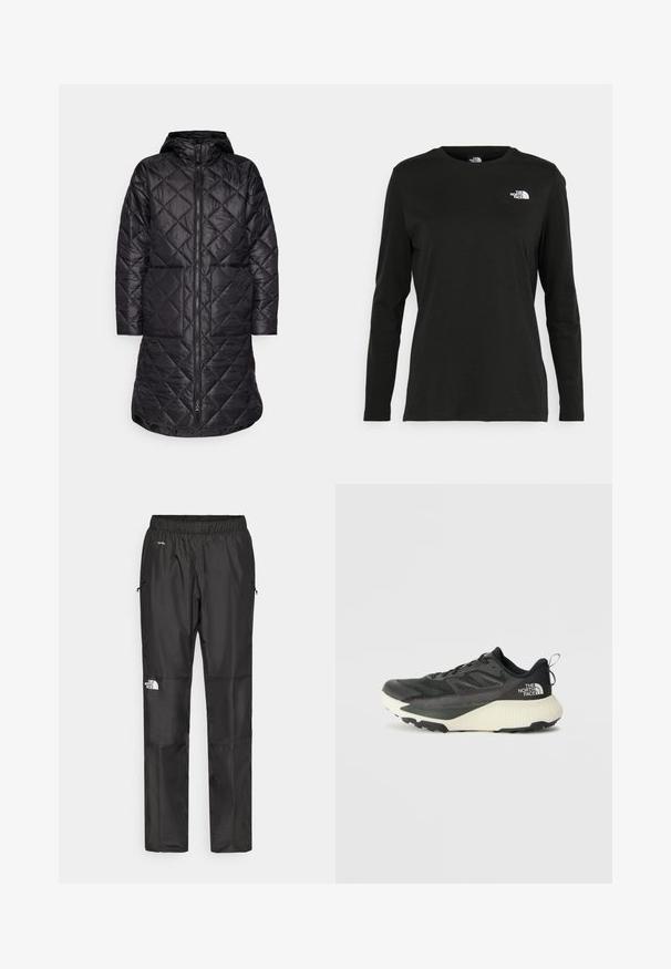 Cămașă lungă neagră, matlasată, cu glugă, având un fermoar frontal și două buzunare laterale. Fabricată dintr-un material ușor, lucios, cu un model texturat.; Iarna neagră cu mânecă lungă, din bumbac, cu guler rotund. Prezintă un mic logo alb în zona pieptului stâng. Design simplu și croi lejer.; Pantaloni impermeabili negri, confecționați dintr-un material ușor, cu o talie elastică, buzunare laterale și un logo pe piciorul stâng.; Pantofii sport negri cu un superior texturat, având accente gri și o talpă intermediară albă. Include un sistem de prindere și un logo de marcă proeminent pe călcâi.