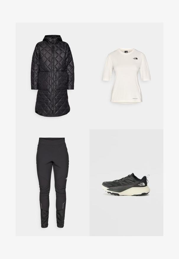 Zwarte geborduurde lange jas met een capuchon, voorzien van een zilveren rits aan de voorkant en twee zijzakken. Gemaakt van een lichtgewicht, glanzende stof met een gestructureerd patroon.; The North Face SHADOW SHORT SLEEVE - Sport T-shirt - white dune; Zwarte outdoorbroek met een aansluitend ontwerp, duurzame stof, reflecterende accenten en paneelnaden voor verbeterde mobiliteit en comfort.; Zwarte sportieve schoen met een gestructureerde bovenkant, voorzien van grijze accenten en een witte tussenzool. Inclusief een trekhaak en een opvallend merklogo op de hiel.