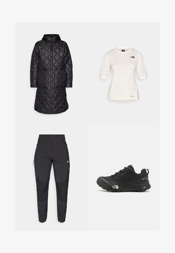Must erinevate voodriga must pikknäidik kapuutsiga, millel on eesneel ja kaks küljetaskut. Valmistatud kergest, läikivast materjalist, millel on tekstuuriline muster.; The North Face SHADOW SHORT SLEEVE - Spordi T-särk - white dune; Must black välitingimustes püksid, mis on valmistatud vastupidavast kangast. Omavad lukugaTaskuid, tugevdatud põlvepaneele ja sirget lõiget liikuvuse tagamiseks.; Mustad matkajalanõud musta värvi, tekstuurse ülemise osa, paeltega kinnituse ja volüümika kummitald, millel on silmapaistev logo külgedel ja mustrimuster.