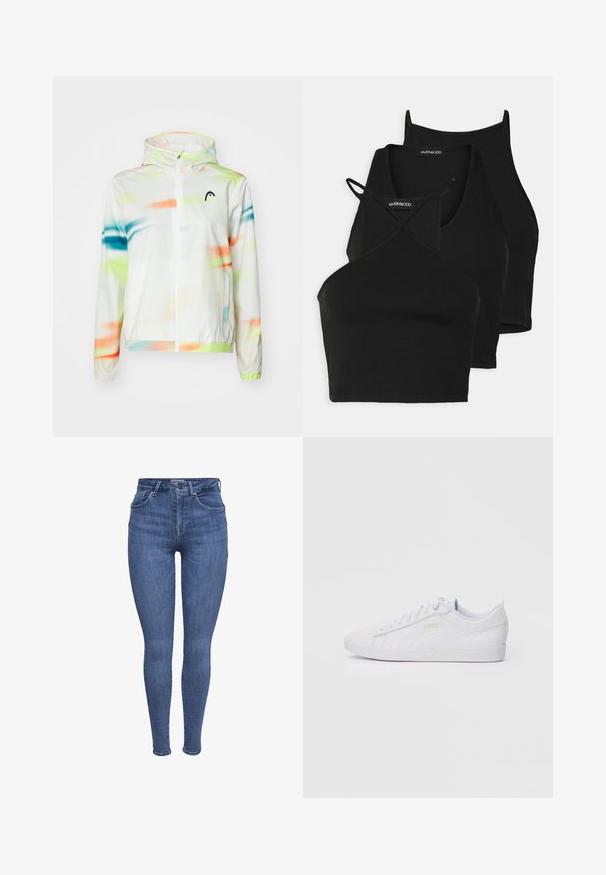 Lättviktsjacka med huva i vitt med ett färgglatt abstrakt mönster i grönt, blått och orange. Har en framfickel med blixtlås och elastiska manschetter.; Svarta korta toppar i mjukt, stretchigt tyg med tunna remmar och ett korskorsdesign. Har en rundad halsringning och sömlös finish.; Blå högmidjade skinny jeans med frontfickor, knapp, dragkedja och bältesöglor, visade på en vit bakgrund.; Vita låg-top Puma sneaker med snörning fram, subtil logotyp på sidan och sulan, samt en slät syntetisk ovandel för avslappnat bruk.