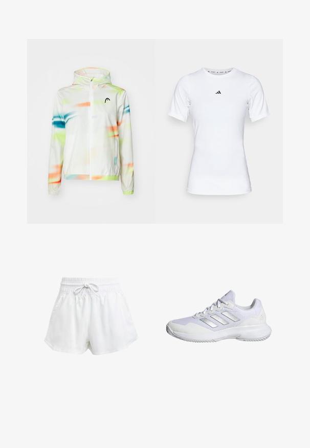 Lehká bunda s kapucí v bílé barvě s barevným abstraktním vzorem v zelené, modré a oranžové. Obsahuje přední zip a elastické manžety.; Bílé sportovní tričko s krátkým rukávem, vyrobené z hladké, elastické látky. Na hrudi se nachází malé černé logo Adidas.; Bílé sportovní kraťasy s elastickým pasem a nastavitelnou šňůrkou. Vyrobené z lehkého materiálu, s bočními kapsami a volným střihem.; Bílé sportovní tenisky s vrchní částí ze síťoviny, texturovanými panely a stříbrnými akcenty. Disponují polstrovanou podrážkou a kulatou špičkou.