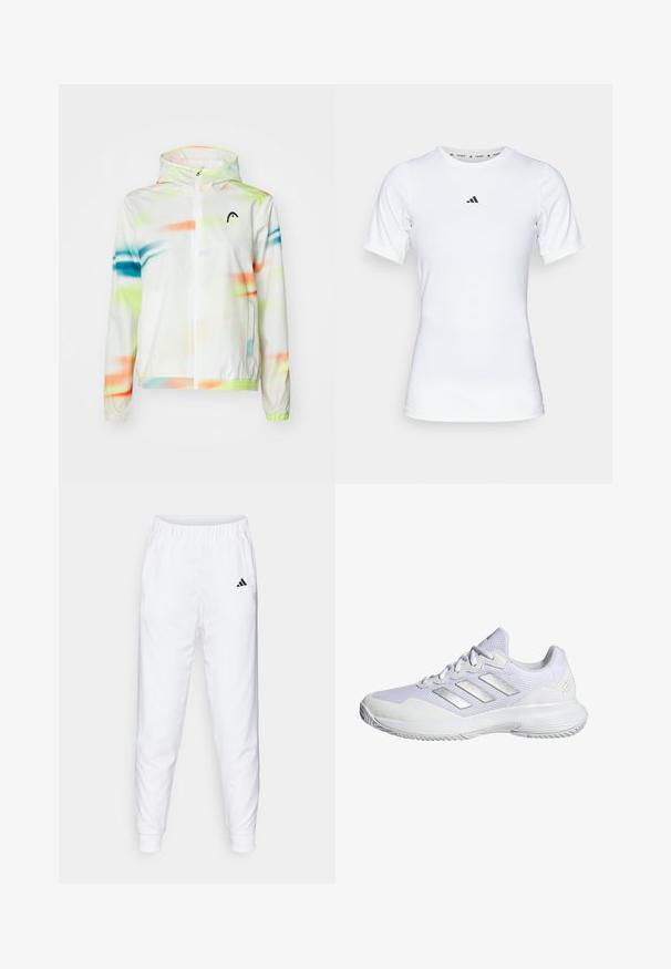 Könnyű, kapucnis fehér dzseki színes absztrakt mintával zöld, kék és narancssárga színekben. Elöl cipzárral és rugalmas mandzsettákkal készült.; Fehér sportpóló, rövid ujjú, sima, rugalmas anyagból készült. Kicsi fekete Adidas logó található a mellkasán.; Fehér sportnadrág, rugalmas derékrésszel és mandzsettákkal. Oldalsó zsebekkel és egy kis fekete logóval a bal combon. Simább szövet felület.; Fehér sportcipő, hálós felsőrésszel, texturált panelekkel és ezüst részletekkel. Jellemzője a párnázott talp és a kerek orrdesign.