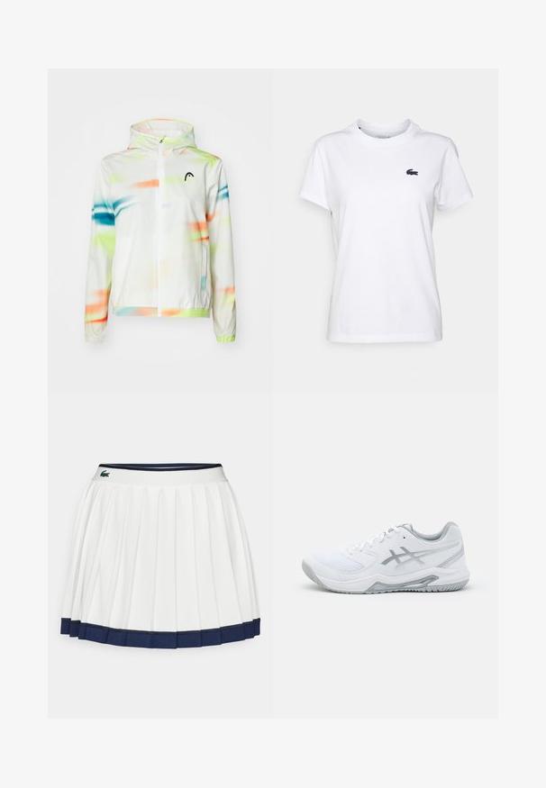 Ľahká bunda s kapucňou v bielej farbe s farebným abstraktným vzorom v zelenej, modrej a oranžovej. Obsahuje predný zips a elastické manžety.; Biela bavlnená tričko s okrúhlym výstrihom, krátkymi rukávmi a malým námorníckym logom na ľavej strane hrude. Hladká textúra, neformálny dizajn.; Biela plisovaná sukňa s námornícky modrým pásom a lemovaním. Vyrobená z mäkkej látky s horizontálnymi pruhmi na páse, navrhnutá pre pohodlie.; Biela športová obuv s mesh a syntetickými materiálmi, so sivými akcentmi a šnúrkami, štruktúrovaná podrážka, zakrivený dizajn a detail loga.