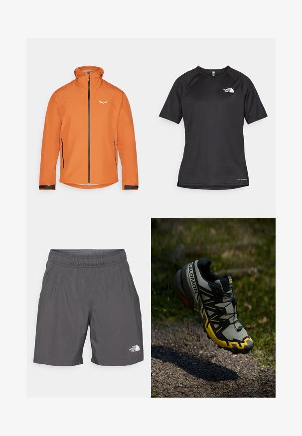 Orange waterproof jacket with a zippered front, high collar, and two side pockets. Features black accents at the cuffs and small logo on the chest.; Black short-sleeve athletic shirt with a textured fabric, featuring a white logo on the left chest and a straight hem.; Gray, lightweight shorts with an elastic waistband, side pockets, and a small white logo on the lower left leg. Smooth texture and casual design.; Salomon trail running shoe in muted gray with bright yellow accents. Features a textured sole, secure lacing system, and a cushioned collar.