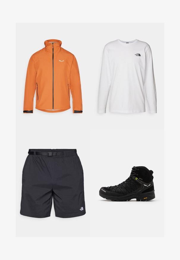 Orangene wasserdichte Jacke mit Reißverschlussfront, hohem Kragen und zwei Seitentaschen. Mit schwarzen Akzenten an den Manschetten und kleinem Logo auf der Brust.; Weißes langärmliges T-Shirt aus Baumwolle mit Rundhalsausschnitt. Verfügt über ein kleines schwarzes Logo auf der Brust. Glatte Textur, reguläre Passform.; Schwarze leichte Shorts mit lockerer Passform, ausgestattet mit einem verstellbaren Gürtel, Seitentaschen und dem North Face Logo am unteren rechten Bein.; Schwarzer Wanderschuh mit strukturiertem Obermaterial, verstärkter Zehenkappe und Vibram-Sohle. Das Schnürsystem enthält Haken für einen sicheren Sitz.