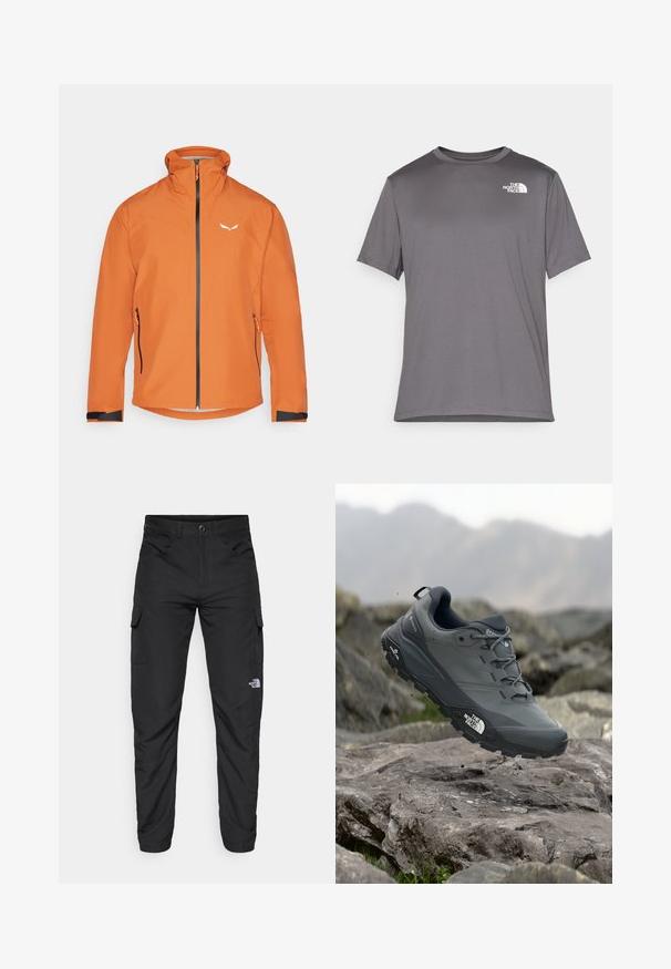 Veste imperméable orange avec une fermeture éclair à l'avant, un col montant et deux poches latérales. Présente des accents noirs au niveau des poignets et un petit logo sur la poitrine.; T-shirt de sport gris à manches courtes en tissu lisse et léger. Présente un logo blanc sur la zone gauche de la poitrine. Col rond.; The North Face HORIZON PANT - Pantalons outdoor - black; Chaussure de trail running grise avec un dessus texturé, semelle en caoutchouc durable et chaussure renforcée à l'avant. Comprend des lacets et un logo de la marque sur le côté.