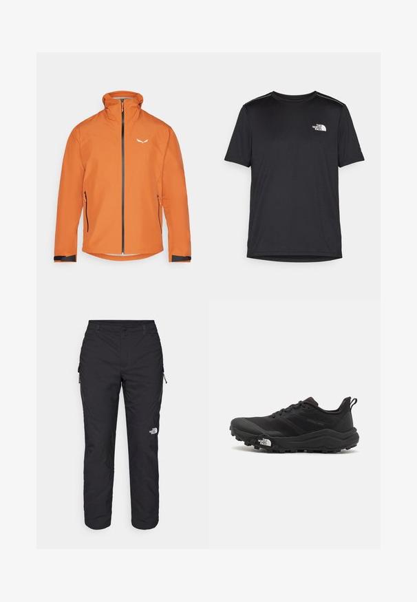 Orangene wasserdichte Jacke mit Reißverschlussfront, hohem Kragen und zwei Seitentaschen. Mit schwarzen Akzenten an den Manschetten und kleinem Logo auf der Brust.; Schwarzes T-Shirt mit kurzen Ärmeln aus leichtem Stoff. Mit einem kleinen weißen Logo auf der linken Brust und dezenten Akzenten an den Schultern.; The North Face WINTER EXPLORATION TAPERED CARGO - Outdoor-Hose - black; Schwarzer Trailrunning-Schuh mit strukturiertem Obermaterial, Gummisohle und verstärkter Zehenkappe. Verfügt über einen gepolsterten Kragen und eine Ziehlasche für einfaches Anziehen.