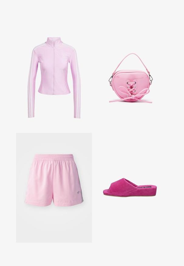 Pink zip-up jacket with a high collar, long sleeves, and white three-stripe accents on both arms. Made from a smooth, stretchy material.; White short-sleeve shirt with large black polka dots, v-neckline, and logo detail on the chest, made from a smooth, stretchy material.; Pink athletic shorts with an elastic waistband, featuring a gray stripe on the sides and a small logo on the front. Made of lightweight fabric.; Pink corduroy slide slipper with a rounded toe and low wedge heel. Textured fabric, open front, and subtle stitching detail.; Pink faux leather handbag with a circular shape, featuring lace-up design with metallic eyelets and a bow detail. Includes a short handle.