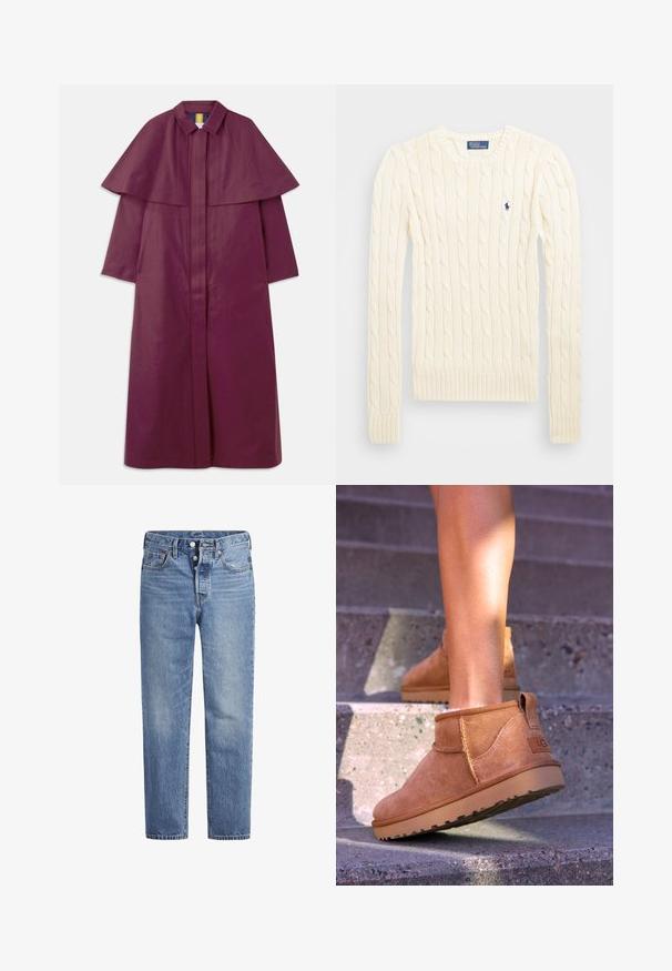 Lila langer Mantel mit einem strukturierten Cape-Design, Kragen und einem Reißverschluss vorne. Hergestellt aus einem glatten Material mit einheitlicher Textur.; Cremefarbener kabelgehäkelter Pullover mit langen Ärmeln, gerippten Bündchen und Saum, mit einem kleinen gestickten Logo auf der linken Brust.; Helle blaue Jeans im geraden Schnitt, mit fünf Taschen und einem Knopfverschluss. Sie weisen dezente Verfärbungen und orangefarbene Nähte auf.; Beige Wildleder-Ankelstiefel mit weicher Textur, gesteppten Details und einer Gummisohle, ausgestattet mit einer Schlaufe an der Ferse für einfaches An- und Ausziehen.