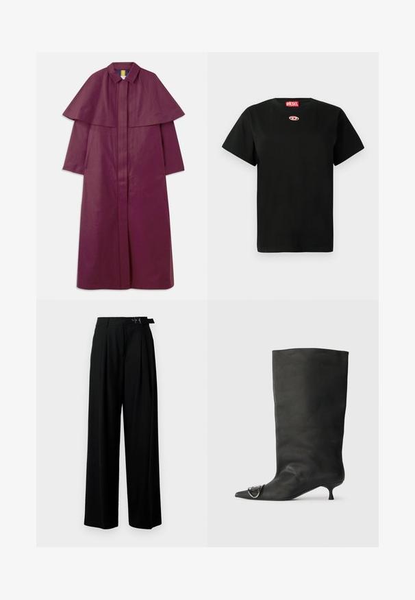 Manteau long violet avec un design structuré à cape, col et fermeture éclair frontale. Confectionné dans un matériau lisse avec une texture unie.; T-shirt Diesel noir à manches courtes avec un petit logo rose sur la poitrine et une étiquette Diesel rouge à l'intérieur du col.; Pantalons larges noirs taille haute, avec des plis à l'avant et une ceinture avec une boucle. Conçus en tissu lisse et léger.; Bottines en cuir noir à bout pointu, petite talon et détail métallique sur le bout. Texture lisse et mate partout.