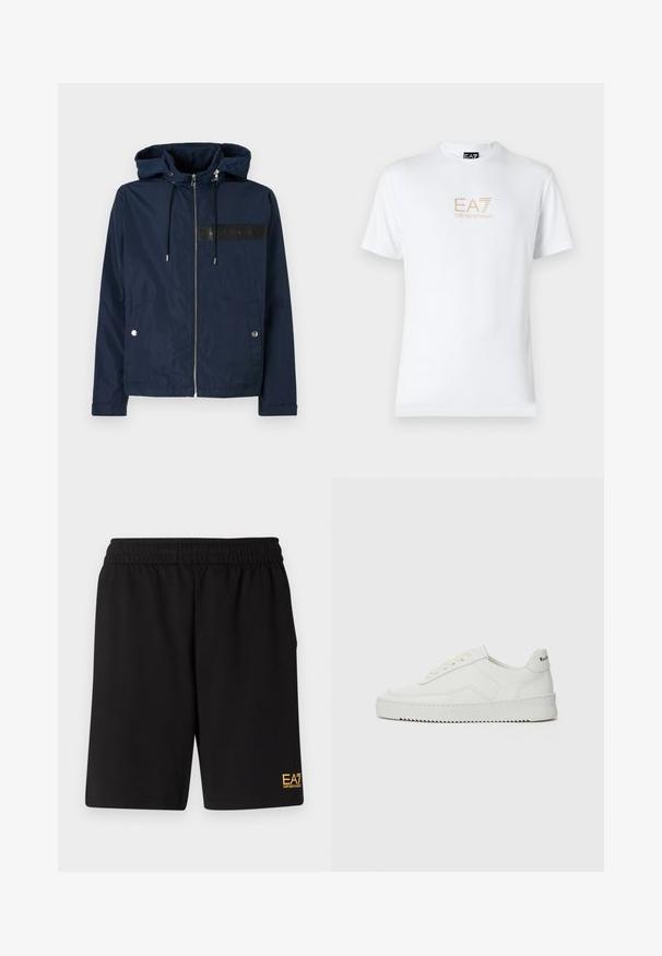 Granatowa kurtka z kapturem wykonana z lekkiego materiału, z przodu na zamek błyskawiczny, posiadająca dwie boczne kieszenie oraz czarną taśmę z logo na klatce piersiowej.; Biała bawełniana koszulka z okrągłym dekoltem i krótkimi rękawami, z nadrukowanym z przodu złotym logo EA7 Emporio Armani.; Czarne sportowe szorty wykonane z miękkiego materiału, z elastycznym paskiem w talii oraz małym, żółtym logo EA7 na dolnej lewej nodze.; Białe skórzane sneakersy o gładkim wykończeniu, okrągłym nosku, płaskich sznurówkach i teksturowanej podeszwie. Charakteryzują się delikatnym logo na pięcie.