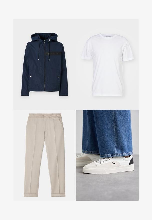 Sjøblå hettegenser laget av lett materiale, med frontglidelås, to sidelommer og et svart logobånd på brystet.; Hvit bomull t-skjorte med rund hals, korte ermer og rett snitt. Ingen mønstre eller dekorasjoner, jevn tekstur og enkel design.; Filippa K TERRY CROPPED TROUSERS - Bukse - sage melange; Hvite og svarte joggesko med en glatt læroverdel, teksturerte detaljer og en kraftig hvit såle. Har en klassisk snøring.