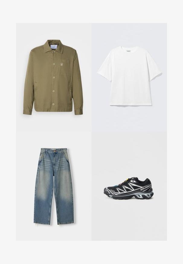 Oliven grøn jakke i et let, glat materiale. Har en krave, knaplukninger, en lomme på brystet og et lille logo på brystet.; Hvid T-shirt med korte ærmer lavet af bomuld med rund halsudskæring og løs pasform. Ingen synlige mønstre eller detaljer. Enkel design.; Lyseblå denim wide-leg jeans med en falmet finish, fem-lomme design og rå kant. Har en frontknap og lynlås lukning.; Sort løbesko med sølv detaljer, GORE-TEX materiale, tekstureret sål og farverige snørebånd. Har en polstret hæl for støtte.