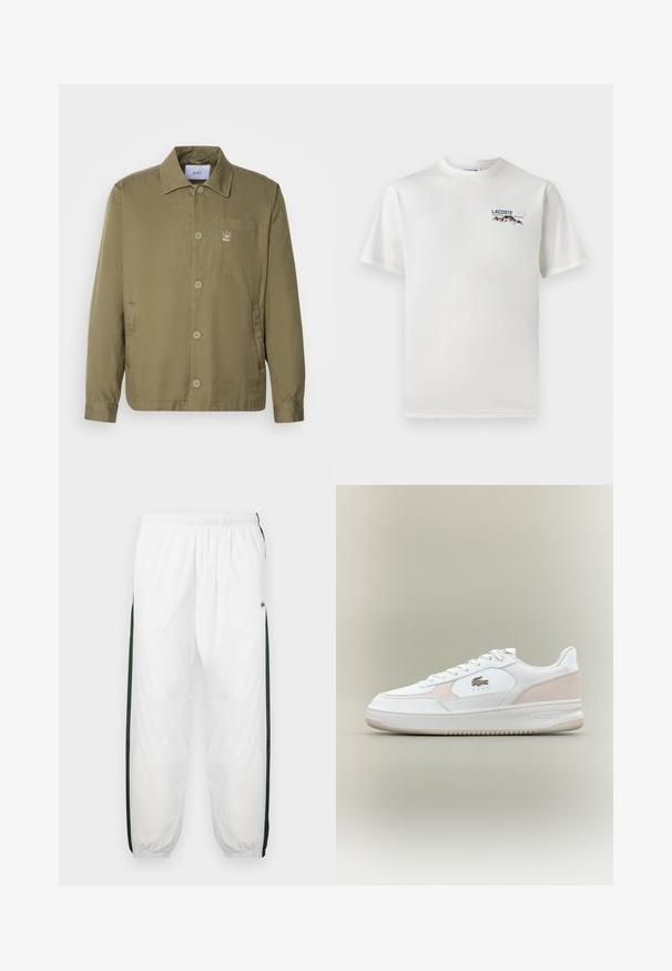 Olive roheline jakk kerget, siledast kangast. Omab kraed, nööpe, plaaster taskut ja väikest logo rinnal.; Valge puuvillane T-särk ümmarguse kaelusega, lühikeste varrukatega ja väikese tikandiga logoga, millel on mäed ja tekst vasakul rinnal.; Valged sportpüksid tumeroheline külgpanelitega. Kerge materjal, elastne vöökoht ja mansetid. Külgpanelitel on võrkmuster.; Valged spordijalatsid, millel on sile nahast ülemine osa, sametised aktsendid ja kummist põhi. Funktsioonid sisaldavad reljeefset logo ja paeltega disaini. Minimalistlik esteetika.