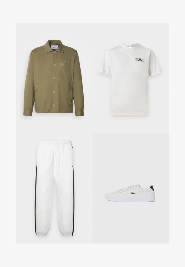 Jachetă de culoare verde măslin dintr-un material ușor și neted. Prezintă o guler, închideri cu nasturi, un buzunar tip patch și un mic logo pe piept.; Tricou alb din bumbac, cu guler rotund, mâneci scurte și un mic logo brodat care înfățișează munți și text pe partea stângă a pieptului.; Pantaloni de trening albi cu panouri laterale de culoare verde închis. Material ușor, talie elastică și tivuri manșonate. Prezintă o textură din plasă pe panourile laterale.; Tenis din piele albă cu vârf rotund, sistem de prindere cu șireturi în față și accent negru la călcâi. Are un mic logo brodat cu crocodil pe lateral.