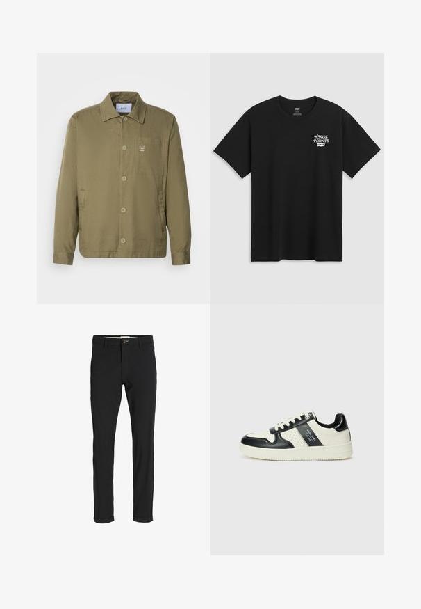 Olivově zelená bunda z lehké, hladké látky. Má límec, zapínání na knoflíky, náprsní kapsu a malé logo na hrudi.; Černé bavlněné tričko s potiskem na hrudi, který zní "HOUSE PLANTS" v bílém stylizovaném písmu s "Levi's" pod ním. Klasický výstřih ve stylu crew.; Černé kalhoty z bavlněné směsi s úzkým střihem, s knoflíkovým zapínáním, kapsami a ohrnutými manžetami pro uvolněný vzhled.; Kožené tenisky s černobílou barevnou kombinací, které mají perforované detaily, polstrovaný límec a texturovanou podrážku.