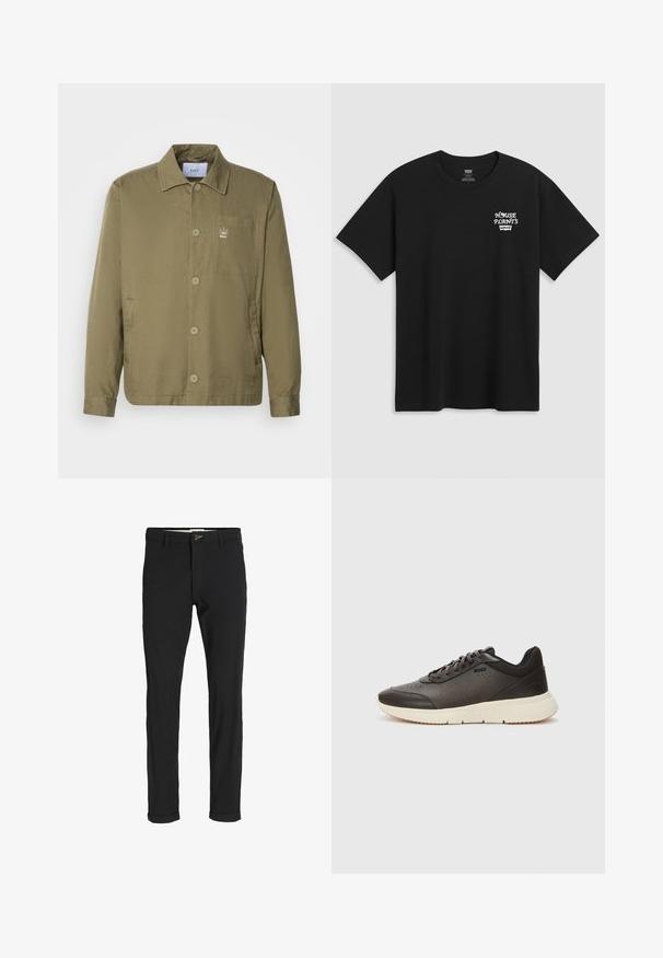 Oliven grøn jakke i et let, glat materiale. Har en krave, knaplukninger, en lomme på brystet og et lille logo på brystet.; Sorte bomulds t-shirt med et brysttryk, der står "HOUSE PLANTS" i hvid stiliseret skrift med "Levi's" nedenunder. Klassisk rund halsudskæring.; Sorte bomuldsblandede bukser med slim fit, der har en knaplukning, lommer og opbrugte stumper for et afslappet udtryk.; Mørkebrune sneakers med en struktureret læderoverdel, perforerede detaljer og en let lys cremefarvet sål. Har snørebånd og diskret branding.