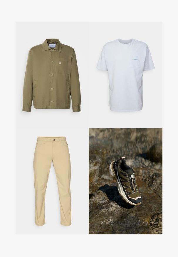 Olíva zöld dzseki könnyű, sima anyagból. Gallérral, gombos záródással, egy függőleges zsebbel és egy kis logóval rendelkezik a mellrészen.; Fehér pamut póló rövid ujjakkal, kerek nyakkal és bal oldalon elhelyezett zsebbel, amelyen egy kék "Patagonia" logó található. Klasszikus szabású, sima textúrával.; Patagonia QUANDARY PANTS - Szabadtéri nadrágok - classic tan; Olívazöld és fekete túrabakancs rózsaszín részletekkel. Jellemzői közé tartozik a texturált felsőrész, a rugalmas talp, a megerősített orr- és a színes fűzőrendszer.