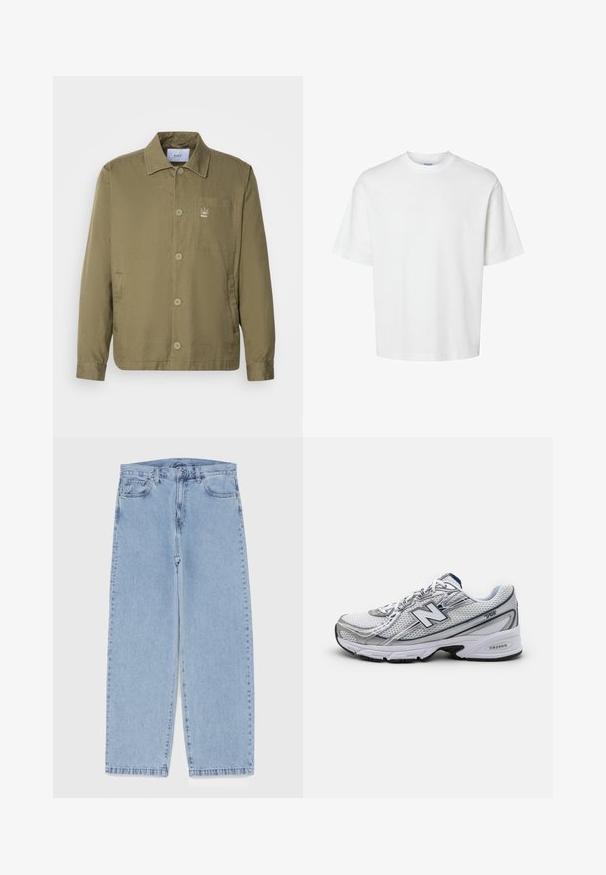 Oliven grøn jakke i et let, glat materiale. Har en krave, knaplukninger, en lomme på brystet og et lille logo på brystet.; Hvid bomulds T-shirt med korte ærmer, rund halsudskæring og en afslappet pasform. Glat tekstur uden synlige mønstre eller detaljer.; Lyseblå denimjeans med straight leg-design, der har en mid-rise talje, fem lommer og en lukning med knap og lynlås.; New Balance atletik sko med et mesh-overdel, overvejende hvid med grå og marineblå accenter, der har en polstret sål og teksturerede detaljer.