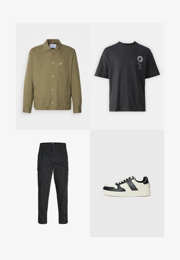 Olijfgroene jas van een lichtgewicht, gladde stof. Voorzien van een kraag, knoopsluitingen, een steekzak en een klein logo op de borst.; Zwarte katoenen t-shirt met korte mouwen, ronde hals en voorop afbeeldingen van een zon en maan, vergezeld van de tekst "Le Soleil et La Lune."; Zwarte cargobroek van stevig stof, met meerdere zakken, een knoopsluiting en een slim fit ontwerp met taps toelopende benen.; Leren sneakers met een zwart en crèmekleurig kleurenschema, voorzien van geperforeerde accenten, een gevoerde kraag en een gestructureerde buitenzool.