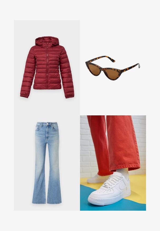 Červená prešívaná bunda s kapucňou, ktorá má plný predný zips a elastické manžety pre zvýšené teplo.; Hnedý pletený sveter s vysokým rebrovaným golierom, širokými rukávmi a jemnou textúrou. Má voľný strih a rebrované detaily na rukávoch.; Svetlomodré rozšírené džínsy vyrobené z denimu, s vysokým pásom, päťpokladňovým dizajnom a jemným gradientným vyblednutím smerom k spodnému okraju.; Biele kožené tenisky s perforovanou špičkou, textúrovanou podrážkou a bielymi šnúrkami, spárované so širokými červenými nohavicami na modrom a žltom pozadí.; Mačacie slnečné okuliare s čiernym a oranžovým želvovinovým rámom, hnedými sklami a elegantnými, špicatými koncami. Obsahujú minimalistické logo na spánku.