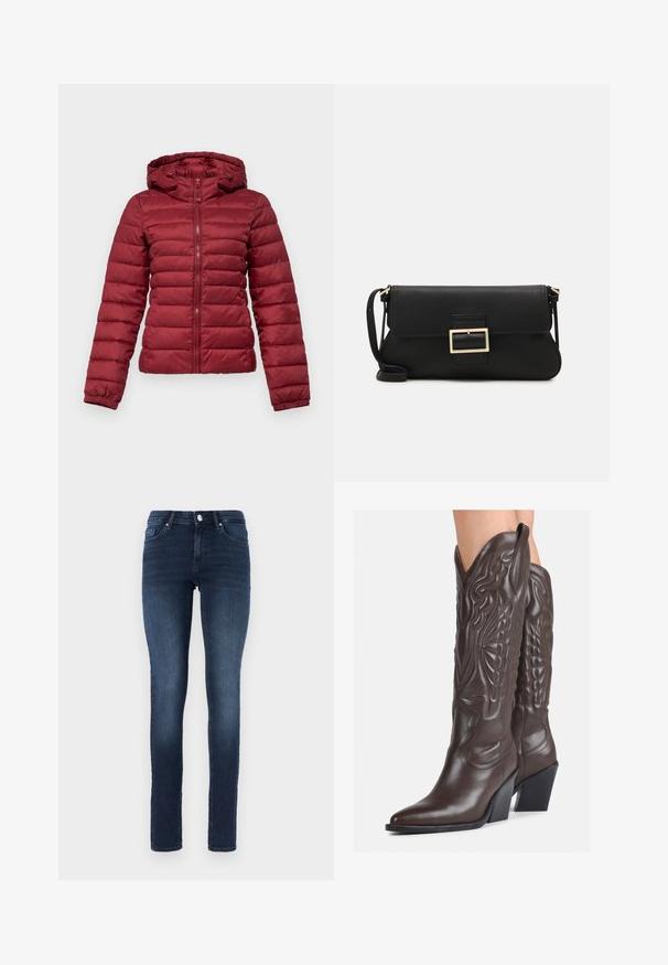 Veste matelassée rouge avec capuche, dotée d'un design quilté, d'une fermeture éclair à l'avant et de poignets élastiqués pour plus de chaleur.; Débardeur blanc sans manches en tissu côtelé, doté d'un col rond et d'une silhouette ajustée, avec des coutures minimales et sans ornements.; Jean skinny bleu foncé en denim, avec un design classique à cinq poches, fermeture à bouton et un léger délavage au niveau des cuisses.; Bottes de cowboy en cuir marron avec un bout pointu et un talon bloc, présentant des coutures détaillées et des accents en relief sur la tige.; Pochette en cuir noir avec un rabat et un détail en boucle en métal doré. Inclut une sangle noire et un design épuré et minimaliste.; Boucles d'oreilles en argent en forme de créoles avec un design torsadé, dotées d'une finition polie et d'une fermeture à poussoir. Mesurent environ 3 cm de diamètre.