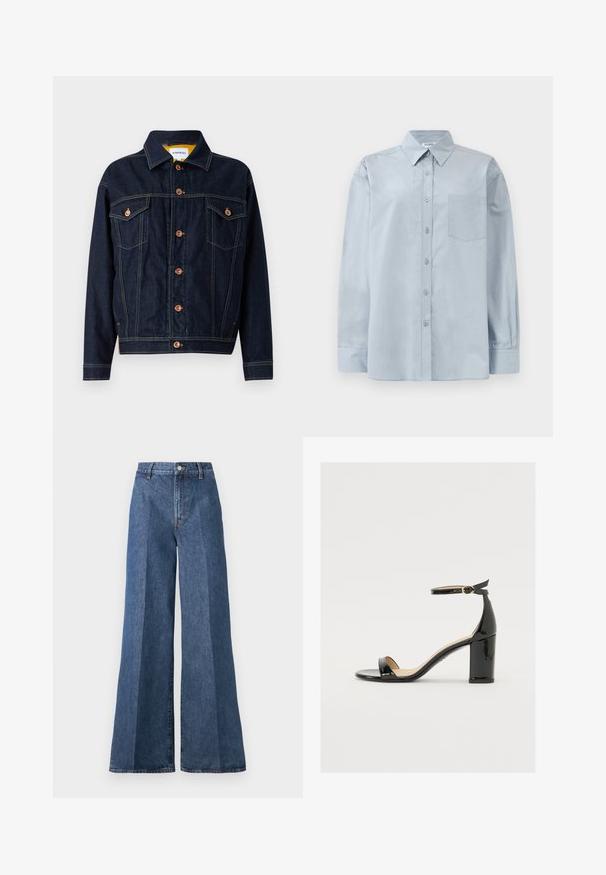 Dunkelblaue Jeansjacke mit kupferfarbenen Beschlägen, zwei Brusttaschen, geradem Schnitt und sichtbaren Nähten. Klassisches Kragen-Design.; Hellblaues Langarmhemd mit Knopfverschluss, spitzem Kragen und Brusttasche, flach auf einem weißen Hintergrund ausgelegt.; Weite blaue Jeans mit hoher Taille, im klassischen Five-Pocket-Stil und mit Knopfverschluss, aus strukturierter Baumwollstoff gefertigt.; Schwarze Lackleder-Sandalette mit weitem Absatz, offener Zehenpartie und Knöchelriemen mit goldener Schnalle. Glatte Textur und elegantes Design.