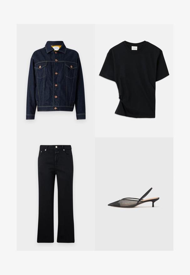 Casaco de ganga azul escuro com detalhes em cobre, duas bolsos no peito, corte straight e costuras visíveis. Design de gola clássica.; T-shirt preta feita de algodão macio, com decote redondo, mangas curtas e um design ligeiramente torcido para um ajuste descontraído.; Calças jeans pretas com um design de perna reta, estilo de cinco bolsos, metal em hardware e uma textura de denim suave. Minimalistas e uniformes na cor.; NEOUS IRENA - Saltos clássicos - black