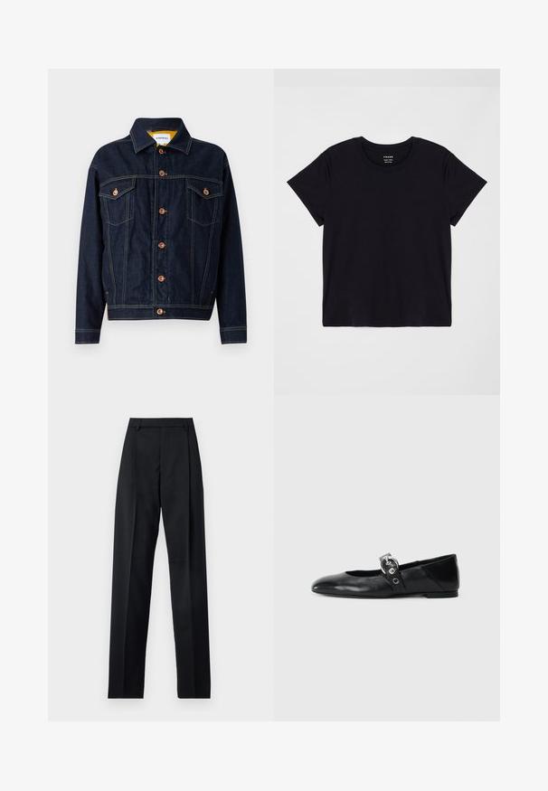 Granatowa kurtka dżinsowa z miedzią, z dwoma kieszeniami na piersi, prostym krojem i widocznymi detalami szwów. Klasyczny krój kołnierza.; Czarna koszulka z krótkim rękawem wykonana z miękkiej bawełny. Klasyczny okrągły dekolt, z prostą, nieozdobioną powierzchnią i luźnym krojem.; Czarne spodnie wykonane z gładkiego materiału, z wysokim stanem, szerokimi nogawkami, fałdami z przodu i klasycznymi szlufkami na pasek. Brak widocznych kieszeni bocznych.; Czarne skórzane baletki z wąskim noskiem, z paskiem z okrągłą metalową klamrą i płaską podeszwą.