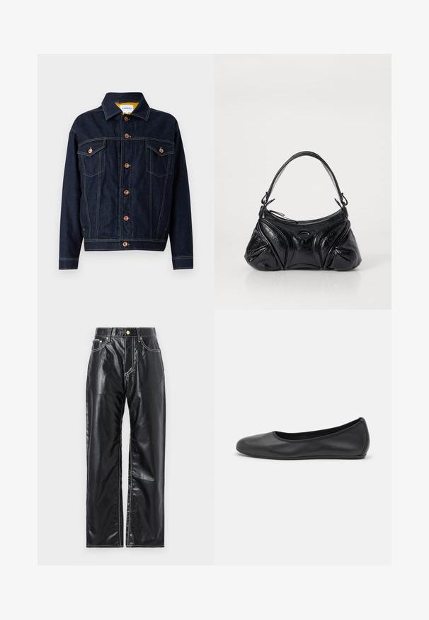 Donkerblauwe denimjas met koperen hardware, twee borstzakken, een rechte snit en zichtbare stikdetails. Klassiek kraagontwerp.; Zwart T-shirt met korte mouwen, voorzien van een textuurpatroon van cirkels en bloemvormen. Ronde hals met een contrasterend merklogo aan de binnenkant.; Zwarte neplederen broek met een wijduitlopende snit, voorzien van witte stiksels, voorzakken en een gouden knoop in de taille.; Zwarte leren ballerina met een ronde neus, gladde textuur, minimale stikdetails en een flexibele zoolontwerp.; Zwarte handtas van gestructureerd leer met een afgeronde vorm. Beschikt over een dunne schouderband en decoratieve reliëfpatronen.