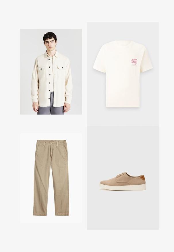 Calliope WORKER - Leichte Jacke - white; Weißes T-Shirt mit kurzen Ärmeln und rotem Text "Studio Originals Edition" auf der linken Brust, präsentiert vor einem neutralen grauen Hintergrund.; Beige gerade geschnittene Chinos mit Gürtelschlaufen, vorderem Knopf- und Reißverschlussverschluss sowie schrägen Fronttaschen.; Beige Wildleder-Sneaker mit runder Zehenpartie, Schnürung und strukturiertem Rückenteil. Die weiße Gummisohle sorgt für einen Kontrast. Einfaches und modernes Design.