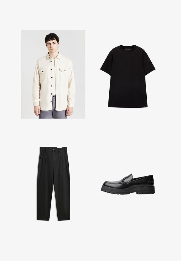 Calliope WORKER - Leichte Jacke - white; PULL&BEAR JOIN LIFE - T-Shirt basic - black; Schwarze Baumwollhose mit lockerem Schnitt, ausgestattet mit einem klassischen Bund, vorderen Falten und Seiten taschen. Glatte Textur ohne Muster.; Schwarzer Lederloafer mit grobem, rutschfestem Sohlenprofil und dekorativem Riemen über der Oberseite, seitlich links auf weißem Hintergrund abgebildet.