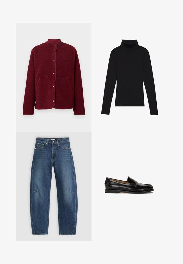 Burgundia fliisjakker, millel on ees nööbiväärised, kaks külgTaskut ja ümar krae.; Mustavööne, pika varrukaga kõrge kaelusega T-särk, mis on valmistatud ribakanga materjalist, omab sobivat disaini ja ei sisalda mustreid ega aksessuaare.; Tumedat sinised teksad sirge jala disainiga, millel on esikotid, kontrastõmblused ja jalgadel peenelt pleekinud tekstuur.; Must siin mustad nahast loaferid ümarate varvastega, libisemisega mudel ja peened õmblused peal. Lame kummist tall.