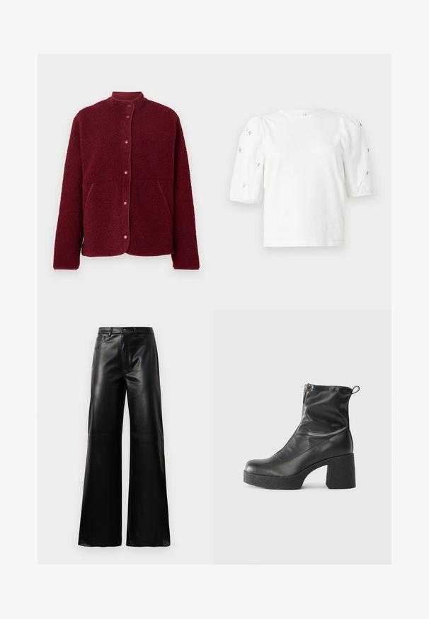 Burgundia fliisjakker, millel on ees nööbiväärised, kaks külgTaskut ja ümar krae.; Valge puuvillane T-särk lühikeste puffkäistega, millel on väikesed hõbedased kaunistused käiste servades. Klassikaline ümmargune kaelus, vaba ja mugav lõige.; Mustad talje laiad jalad kunstnahast püksid esipaneeli nööbi ja lukuga, vöödega ja küljetaskutega valge tausta peal.; Mustad mustad ansapüksid, mis on valmistatud siledast nahast, külje zipperiga, paksu tekstuuriga kontsaga ja ümmarguse nina disainiga.