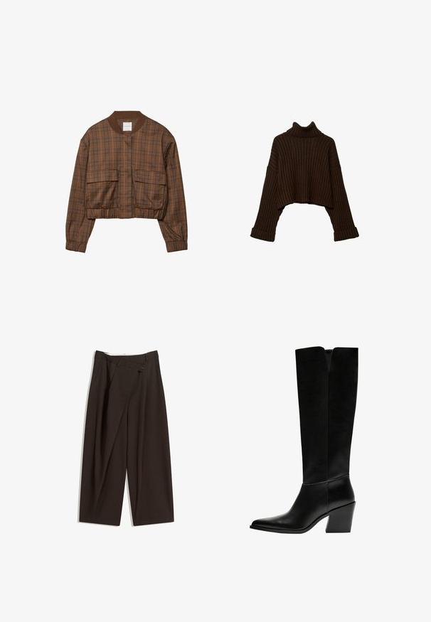 Hnedá károvaná bomber bunda s krátkym dizajnom, rebrovaným golierom, dvoma prednými vreckami, elastickým pásom a dlhými rukávmi.; Hnedý, skrátený, rebrovaný rolák s dlhými rukávmi a textúrovaným pletením. Má široké manžety a priliehavý golier.; Tmavohnedé široké nohavice s vysokým pásom, s jedným gombíkom a záhybmi vpredu. Vyrobené z ľahkej textílie.; Čierne vysoké čižmy vyrobené z hladkej kože, s ostrou špičkou, blokovým podpätkom a V-čkovým výrezom na vrchu.