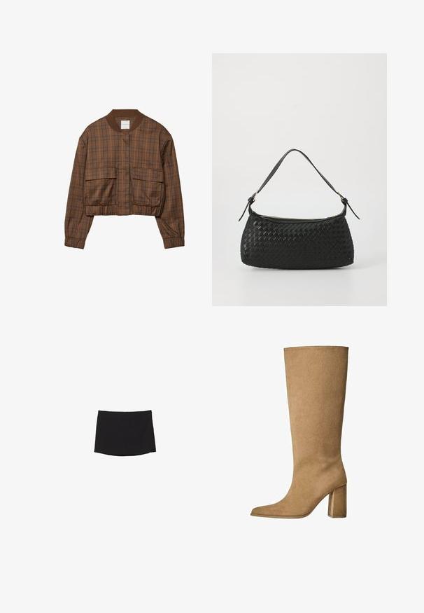 Braune karierte Bomberjacke mit verkürztem Design, geripptem Kragen, zwei Fronttaschen, elastischem Bund und langen Ärmeln.; Schwarzes langärmliges Oberteil mit einem strukturierten, offenen Maschenmuster, das einen weiten Rundhalsausschnitt und eine Krawattenverschluss am Rücken aufweist.; Schwarzer Minirock aus glattem, dehnbarem Stoff; mit geradem Schnitt, subtilem Saum und ohne sichtbare Verschlüsse oder Muster.; Hellbraune Wildleder-Stiefel bis zum Knie mit Blockabsatz, spitz zulaufender Zehenform und glatter Textur. Minimalistisches Design ohne Verzierungen.; Schwarze geflochtene Schultertasche mit einem glatten Ledertragegurt und Reißverschluss. Verfügt über eine strukturierte Oberfläche und eine gebogene Form.