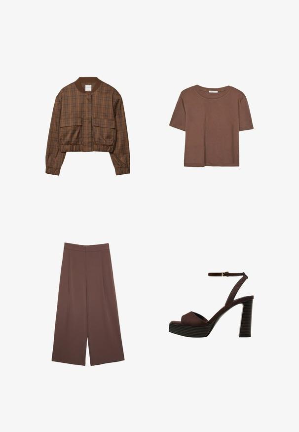Braune karierte Bomberjacke mit verkürztem Design, geripptem Kragen, zwei Fronttaschen, elastischem Bund und langen Ärmeln.; Braunes, kurzärmliges T-Shirt aus weichem Material mit rundem Halsausschnitt und lockerer Passform. Keine sichtbaren Muster oder Akzente.; Braune Weite-Leg-Hosen mit einer glatten Textur, hoher Taille und Vorderfalten. Der Stoff ist leicht und fällt locker.; Braune Wildleder-Pumps mit offenem Zeh, verstellbarem Knöchelriemen und gestreiftem Plateausohlen.